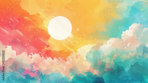 Whimsical Colorful Background with Clouds and Sun  Playful Imagination Scene