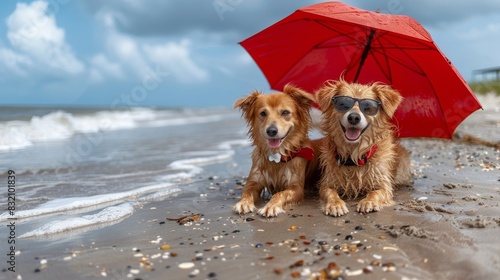 Dogs in sunglasses relaxing under beach umbrella by ocean, symbolizing vacation and tourist season