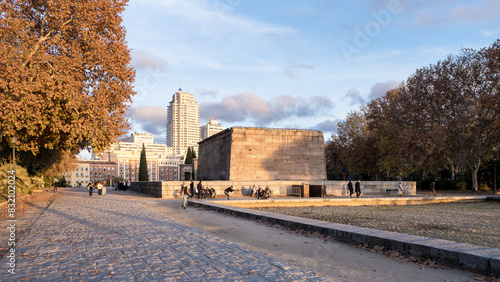View of the ancient Nubian Temple of Debod, dismantled as part of the International Campaign to Save the Monuments of Nubia, rebuilt in Parque de la Montana, Madrid, Spain photo