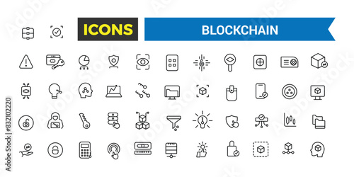 Blockchain Related Vector Line Icons. Blockchain outline icons with editable stroke collection. Editable vector icon and illustration.
