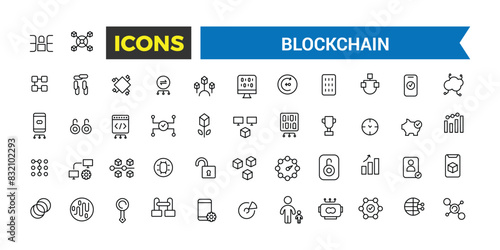 Blockchain Related Vector Line Icons. Blockchain outline icons with editable stroke collection. Editable vector icon and illustration.