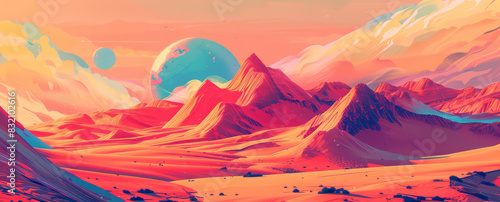 An illustration of landscape, featuring a fantastical desert with enormous, crystalline dunes glowing under an alien sky, minimal styles, illustration template