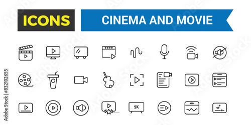 Cinema and movies icon set. Simple Set of Movies and Cinema Line Icons. Editable vector icon and illustration.
