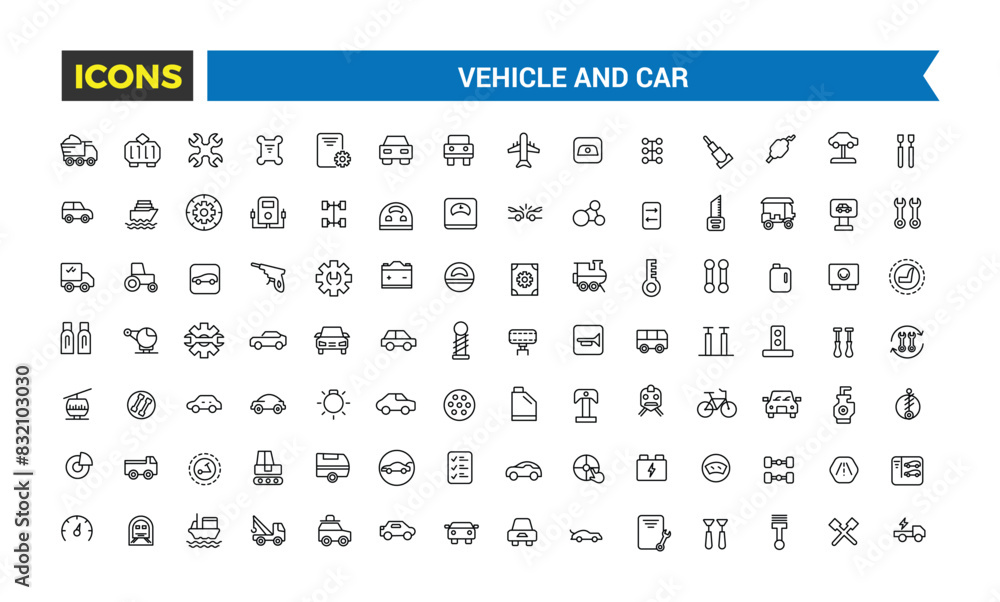 Transport, vehicle and car icon set. Outline icons pack. Editable vector icon and illustration.