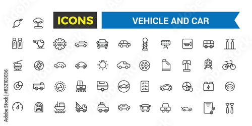 Transport, vehicle and car icon set. Outline icons pack. Editable vector icon and illustration.