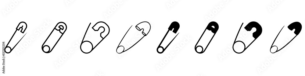 Pin icon vector set. Barrette illustration sign collection. Safety Pin symbol or logo. Pin icon vector set. Barrette illustration sign collection. Safety Pin symbol or logo.