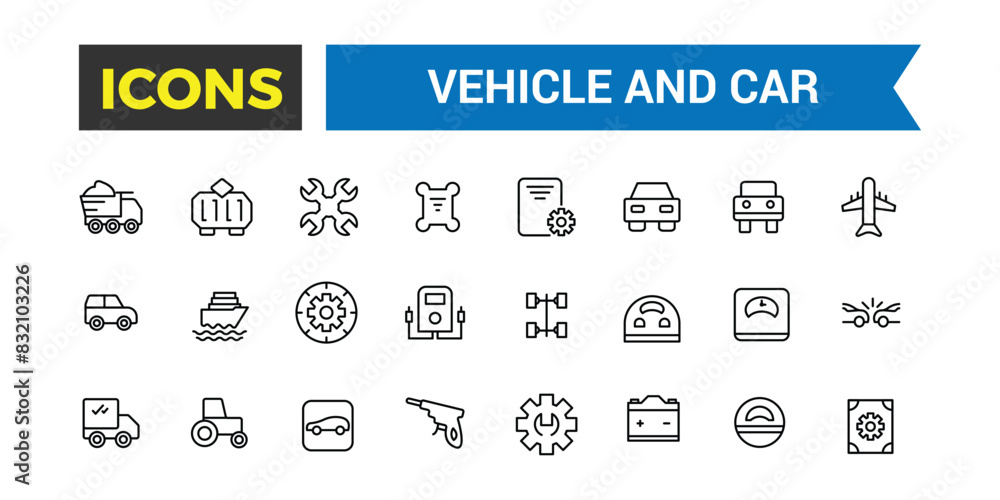 Transport, vehicle and car icon set. Outline icons pack. Editable vector icon and illustration. Transport, vehicle and car icon set. Outline icons pack. Editable vector icon and illustration.