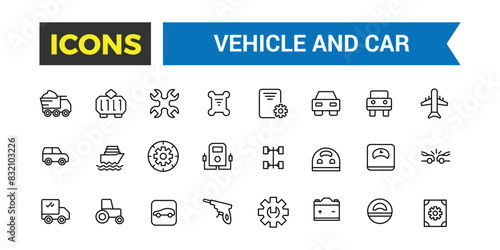 Transport, vehicle and car icon set. Outline icons pack. Editable vector icon and illustration.