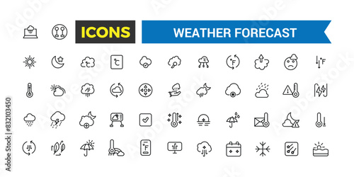 Weather forecast icon set, vector, thin line icons collection. Editable vector icon and illustration.