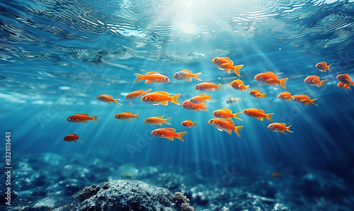 flock of young small school fish under water background ocean