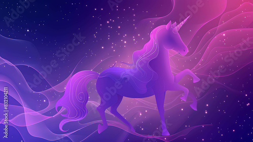 Majestic purple unicorn with flowing mane and tail stands on a bed of clouds against a starry night sky.