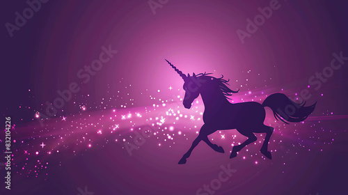 A beautiful unicorn is running in a field of stars. The unicorn is white with a long, flowing mane and tail. The stars are pink and purple. photo