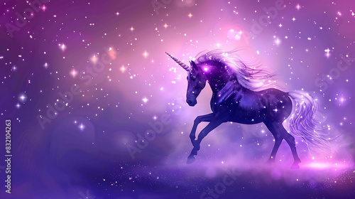majestic purple unicorn with flowing mane and tail runs through a starry night sky.