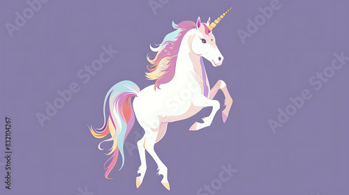A beautiful unicorn with a rainbow mane and tail is standing on its hind legs. The unicorn is white with a gold horn and a pink star on its forehead.