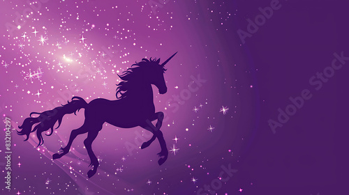 A beautiful unicorn is galloping through a field of stars. The unicorn is white with a long  flowing mane and tail.