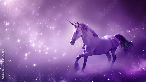majestic purple unicorn with long flowing mane and tail, standing in a field of glittering stars.