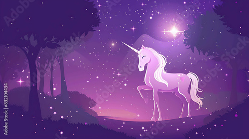 A beautiful unicorn stands in a moonlit forest. The unicorn is white with a pink mane and tail  and a golden horn.