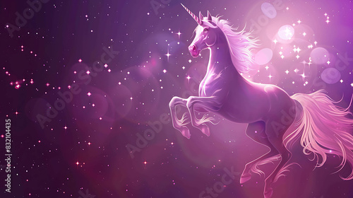 majestic unicorn with flowing mane and tail, standing on its hind legs against a starry night sky.