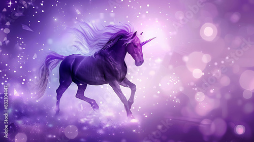 A beautiful unicorn with a long flowing mane and tail is running through a field of flowers. © Nurlan