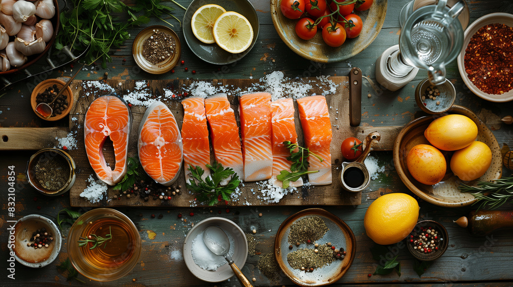 Frozen salmon fillets and slices laid out with various ingredients for a gourmet recipe, emphasizing freshness and culinary artistry. Frozen salmon fillets and slices laid out with various ingredients for a gourmet recipe, emphasizing freshness and culinary artistry.