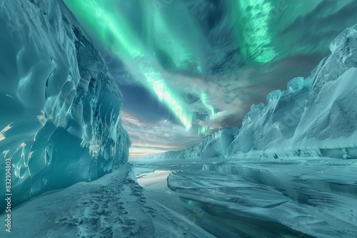 Creative amazing view of a glacier with shimmering ice sculptures and aurorafilled skies  classic styles color  sharpen landscape