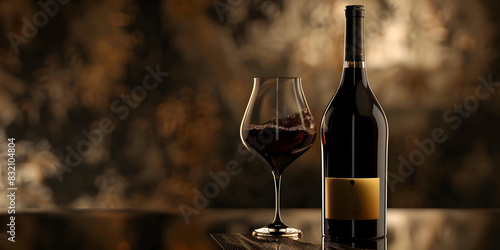 Bottle and glass of red wine on wooden barrel shot with dark wooden background. 