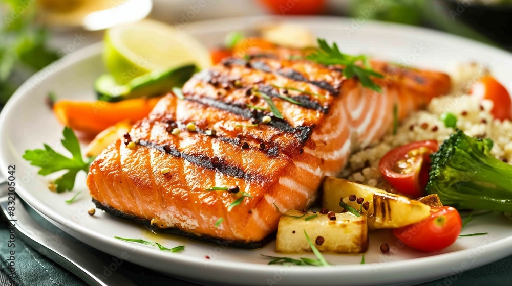 Gourmet Grilled Salmon with Vegetables and Quinoa in Elegant Restaurant Setting Gourmet Grilled Salmon with Vegetables and Quinoa in Elegant Restaurant Setting