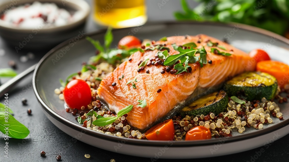 Gourmet Grilled Salmon with Vegetables and Quinoa in Elegant Restaurant Setting Gourmet Grilled Salmon with Vegetables and Quinoa in Elegant Restaurant Setting