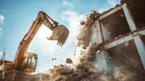 Excavator bucket breaks the wall of a building against the blue sky