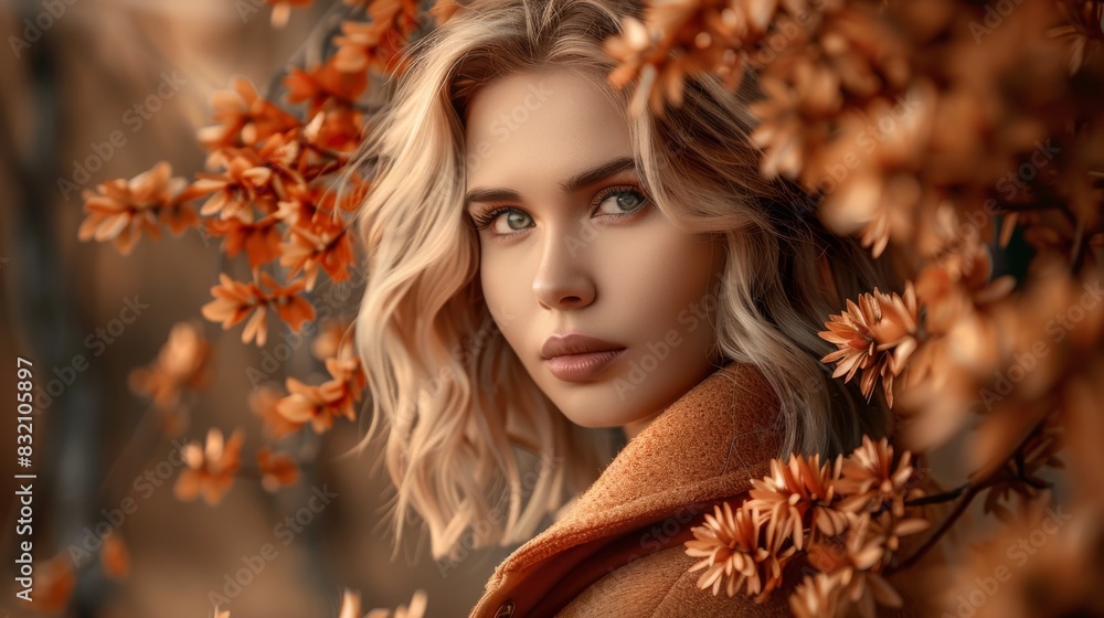 Beautiful blonde woman with short wavy hair in a brown coat, surrounded by autumn foliage and vibrant orange flowers, creating a serene atmosphere. Beautiful blonde woman with short wavy hair in a brown coat, surrounded by autumn foliage and vibrant orange flowers, creating a serene atmosphere.