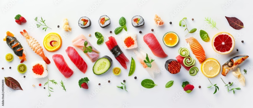 Food creative with a collage of sushi, sashimi, and colorful vegetables, artfully arranged on a white background for a fresh and vibrant look Food creative with a collage of sushi, sashimi, and colorful vegetables, artfully arranged on a white background for a fresh and vibrant look