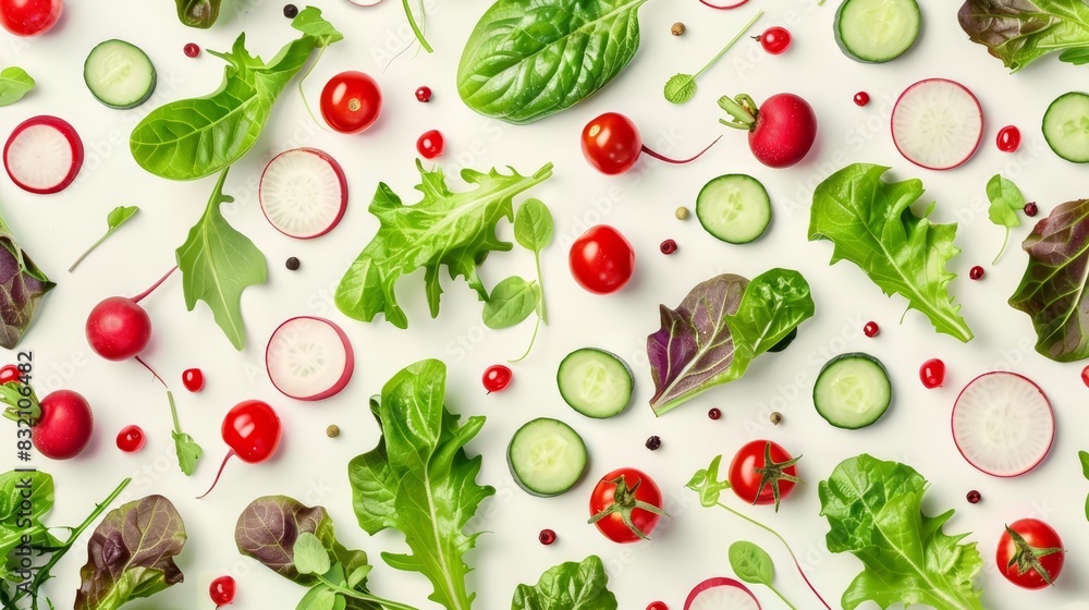 Food graphic design with a vibrant salad featuring mixed greens, cherry tomatoes, cucumbers, and radishes, arranged in a beautiful pattern Food graphic design with a vibrant salad featuring mixed greens, cherry tomatoes, cucumbers, and radishes, arranged in a beautiful pattern