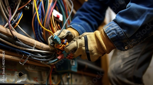 Show an electrician connecting wires inside a junction box--neatly arranged cables, wire nuts, and color-coded insulation. photo