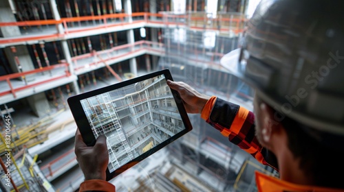 Construction Civil Engineer use technology software through tablets to scan building construction and inspection to show augmented reality in work, Building information model or BIM concept