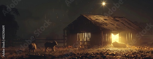A wooden shack with a bright light emanating from the interior, set against a dark and stormy night.