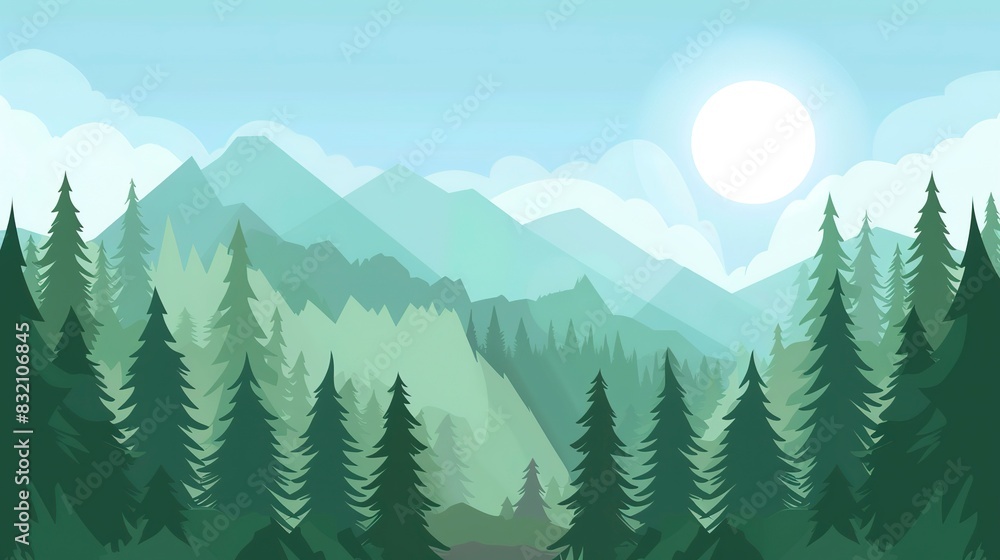Fototapeta premium Forested mountain landscapes flat design front view woodland hiking theme animation Complementary Color Scheme