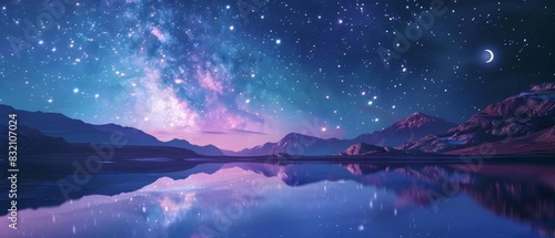 Frame mockup, a dreamy starlit night over a tranquil lake with reflections of the moon and constellations, creating a serene and mystical ambiance photo