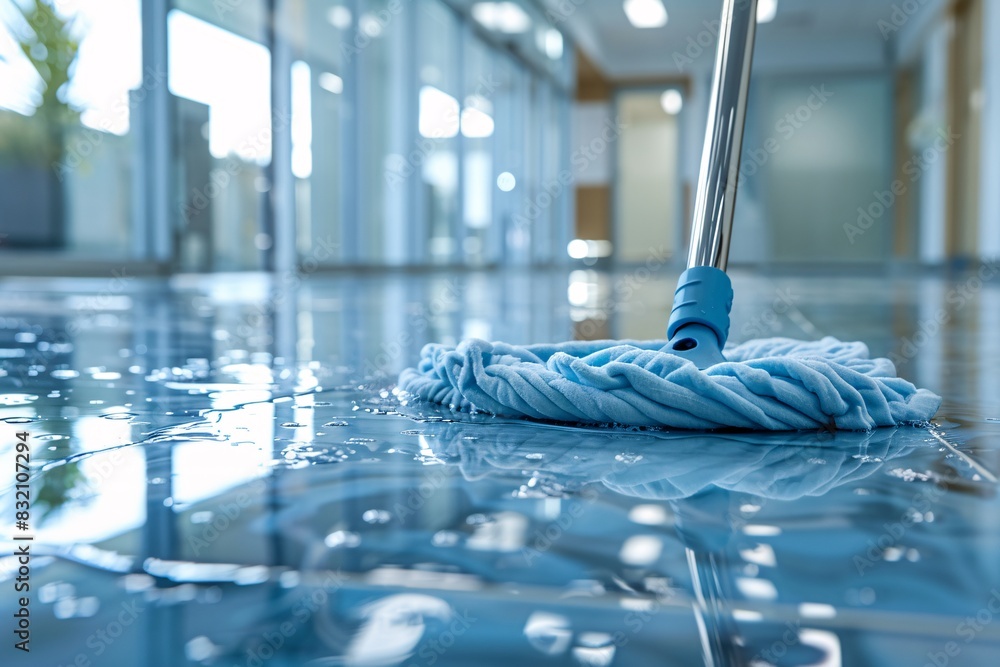 The scene focuses on the mop head making contact with the floor, emphasizing the cleanliness and thoroughness of the task The scene focuses on the mop head making contact with the floor, emphasizing the cleanliness and thoroughness of the task