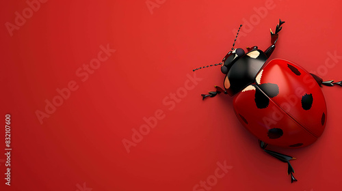 A cute ladybug is sitting on a red background. The ladybug has a shiny red back with black spots and black head with white dots. photo