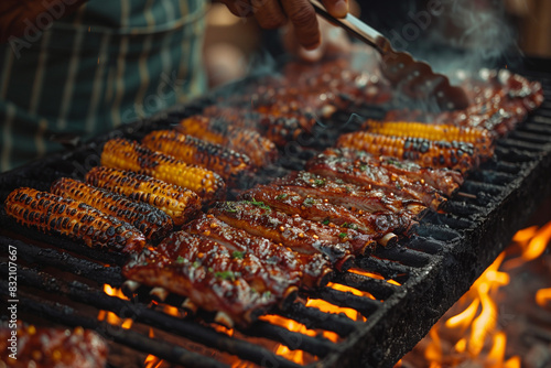 Grilled corn and Barbecue ribs sizzling on the grill for a festive Labor Day celebration.