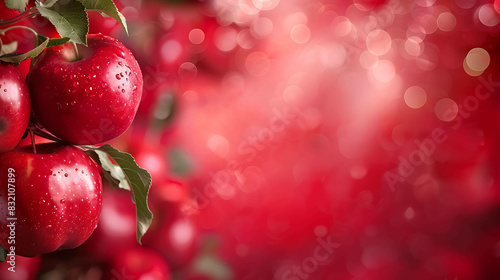 A branch of ripe red apples with water drops on a blurred background of red bokeh lights. photo
