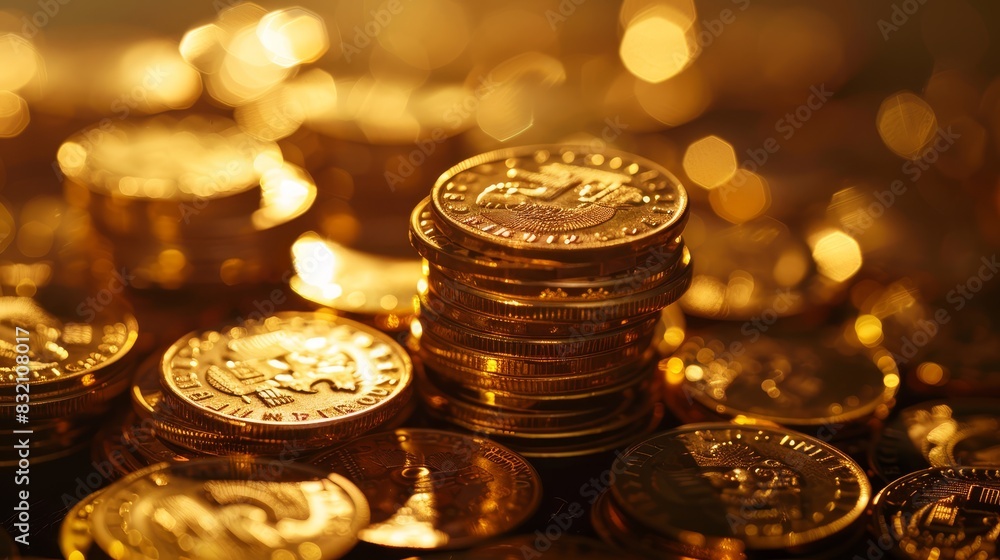 Wealth symbolized by stacks of gold coins on a table, ideal for business and economic concepts Wealth symbolized by stacks of gold coins on a table, ideal for business and economic concepts