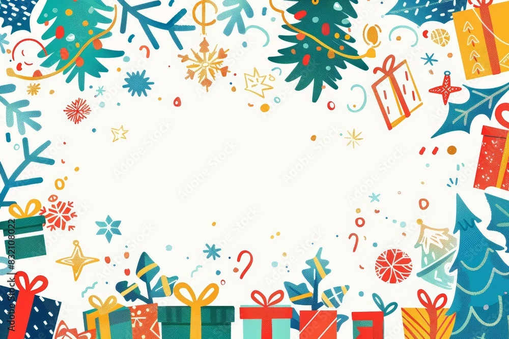 Illustration cards blank template for text of Christmas Day in colorful styles, with vibrant Christmas tree and gift icons, including space for text in the center for text Illustration cards blank template for text of Christmas Day in colorful styles, with vibrant Christmas tree and gift icons, including space for text in the center for text