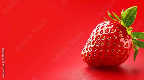 A close-up image of a fresh, ripe strawberry on a red background. The strawberry is perfectly ripe, with a bright red color and glossy shine. photo