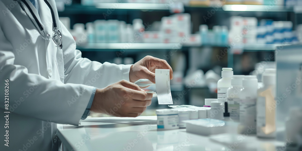 Detailed view of a pharmacist's hands with blurred face handling a medication blister pack in a pharmacy setting Detailed view of a pharmacist's hands with blurred face handling a medication blister pack in a pharmacy setting