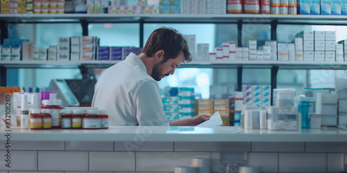 Wallpaper Mural A focused pharmacist with blurred face examines or writes on a paper in a well-stocked pharmacy with various medications Torontodigital.ca