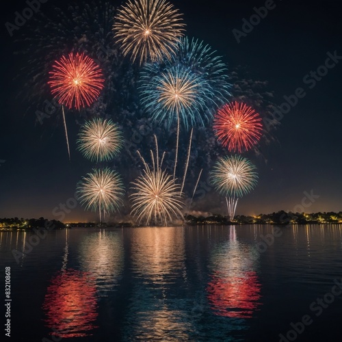 Flag and Fireworks Reflection: Capture the reflection of the flag and fireworks in a calm body of water.