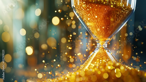 A captivating background featuring a glass hourglass with golden sand grains elegantly cascading down