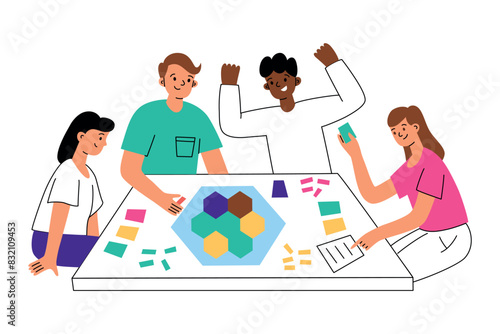 Friends playing board game at table. Composition with cartoon men and women spend time together, leisure activity at home, diverse group having fun. Vector illustration of tabletop game, map and tiles