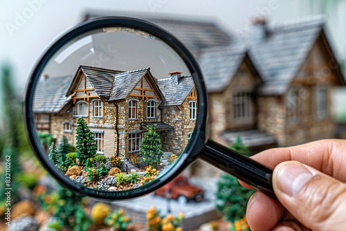 Hand Holding Magnifying Glass Over Miniature House Model